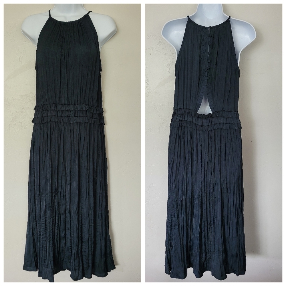 Current Air Womens Small Navy Blue Halter Dress Midi Pleated Keyhole Button Back
